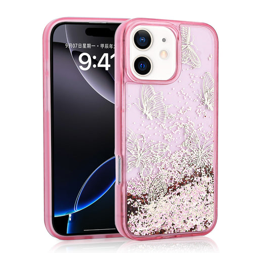 Apple iPhone 12 Case Liquid Glitter Butterfly Print Transparent Back Zore Glis Silicone Cover