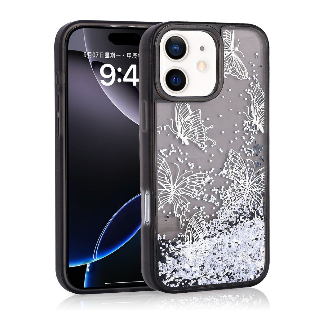 Apple iPhone 12 Case Liquid Glitter Butterfly Print Transparent Back Zore Glis Silicone Cover