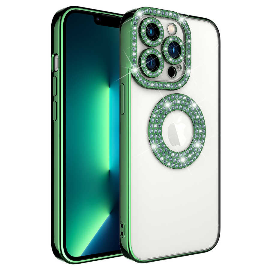 Apple iPhone 12 Pro Max Kılıf Kamera Korumalı Taş Süslemeli Arkası Şeffaf Zore Asya Kapak