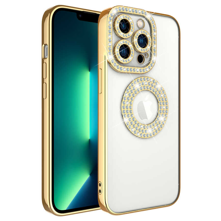 Apple iPhone 13 Pro Kılıf Kamera Korumalı Taş Süslemeli Arkası Şeffaf Zore Asya Kapak