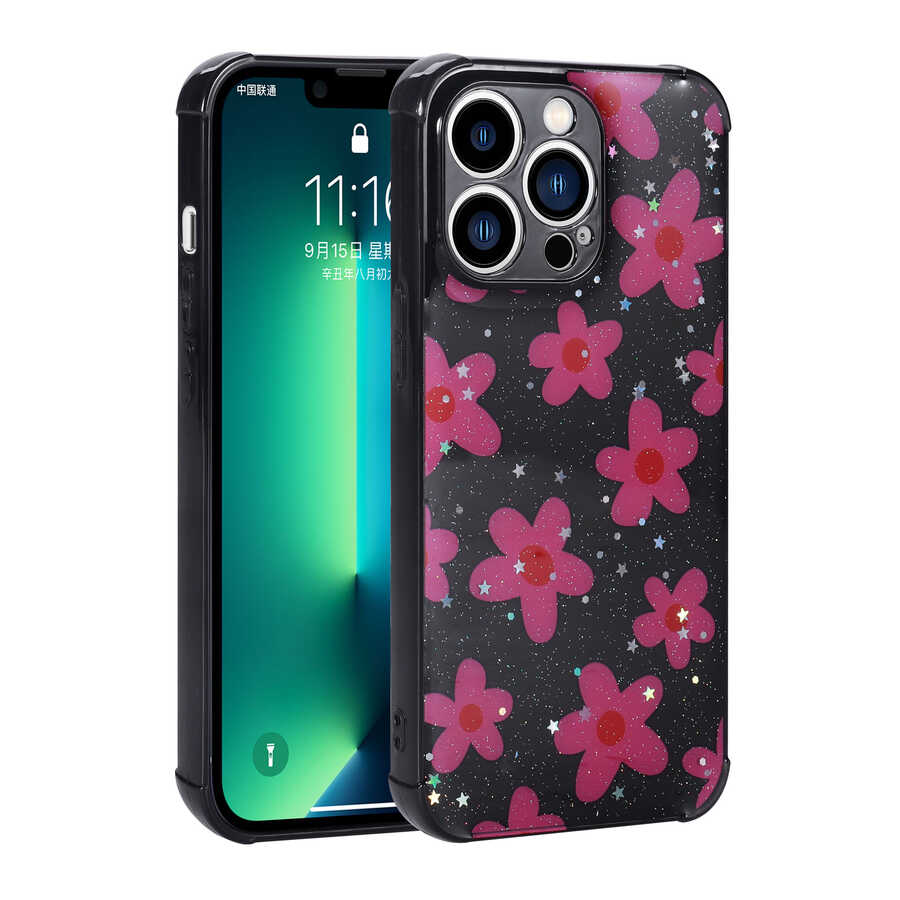 Apple iPhone 13 Pro Kılıf Simli Desenli Kamera Korumalı Parlak Zore Popy Kapak