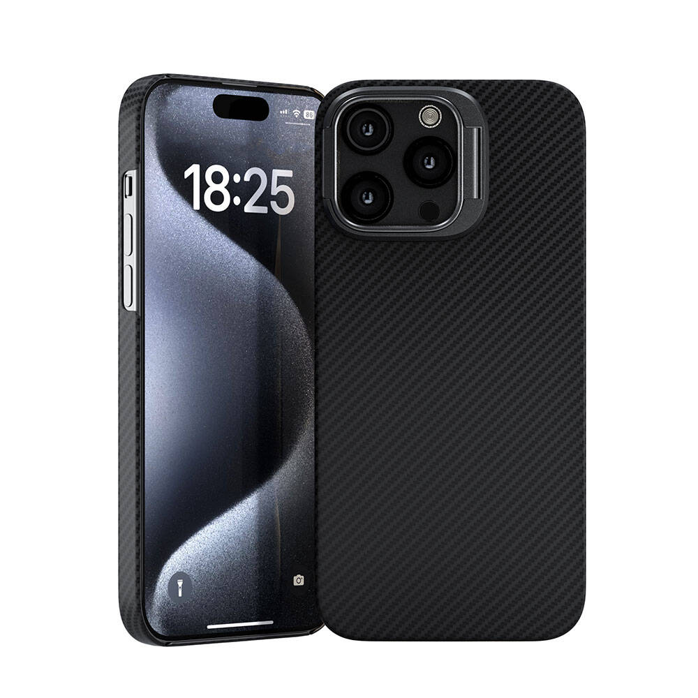 Apple iPhone 15 Pro Max Case M-safe Charging Feature 600D Zore Krek Carbon with Stand Cover