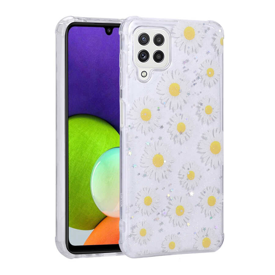 Galaxy M22 Kılıf Simli Desenli Kamera Korumalı Parlak Zore Popy Kapak