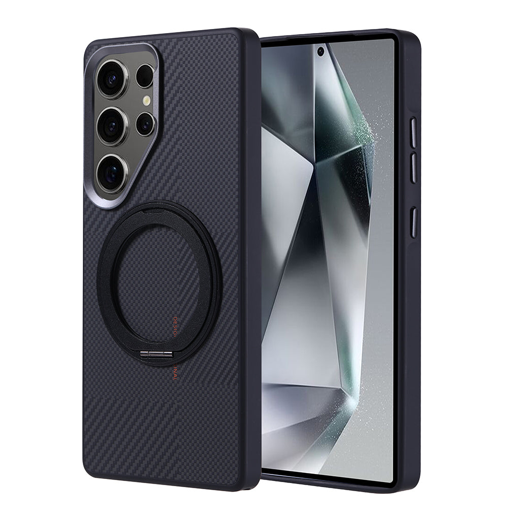 Galaxy S25 Ultra Kılıf M-safe Şarj Özellikli Karbon Fiber Görünümlü Zore Standlı Troy Kapak